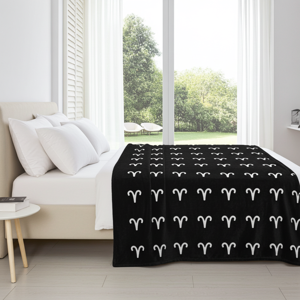 Black blanket with white Aries patterns on a bed in a bright bedroom