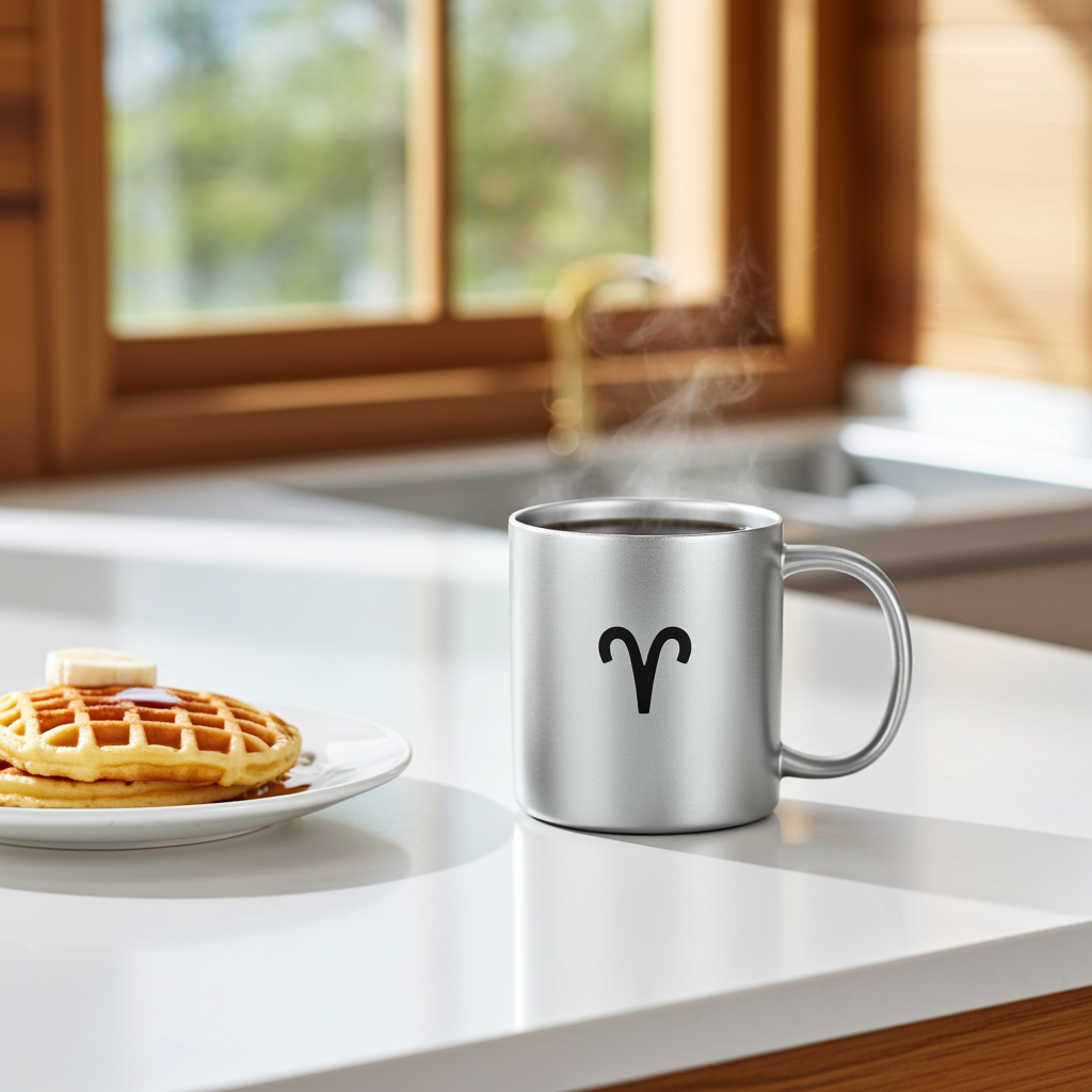 A stainless steel coffee mug with a black Aries ram symbol on the front, sitting on a white kitchen counter next to a plate of waffles with a hot cup of coffee, with a blurred kitchen background.