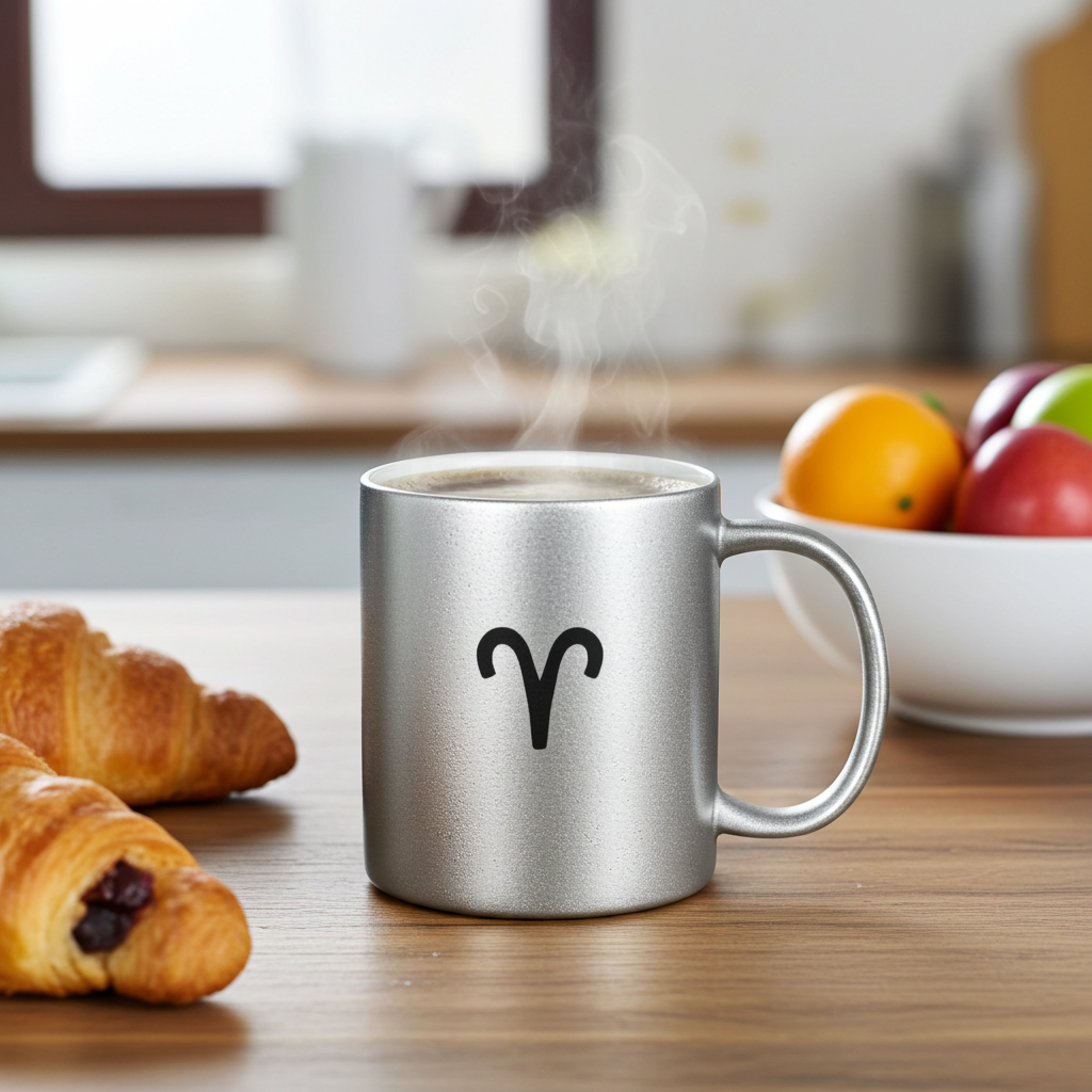 Silver mug with an Aries symbol on a table with croissants and fruit.