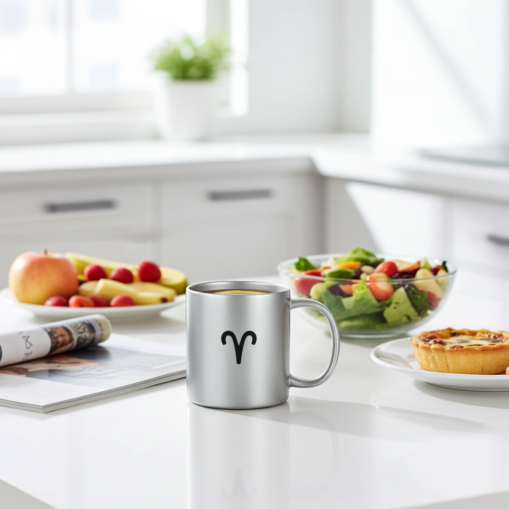 Silver mug with aries symbol on a kitchen counter with fruit and pie