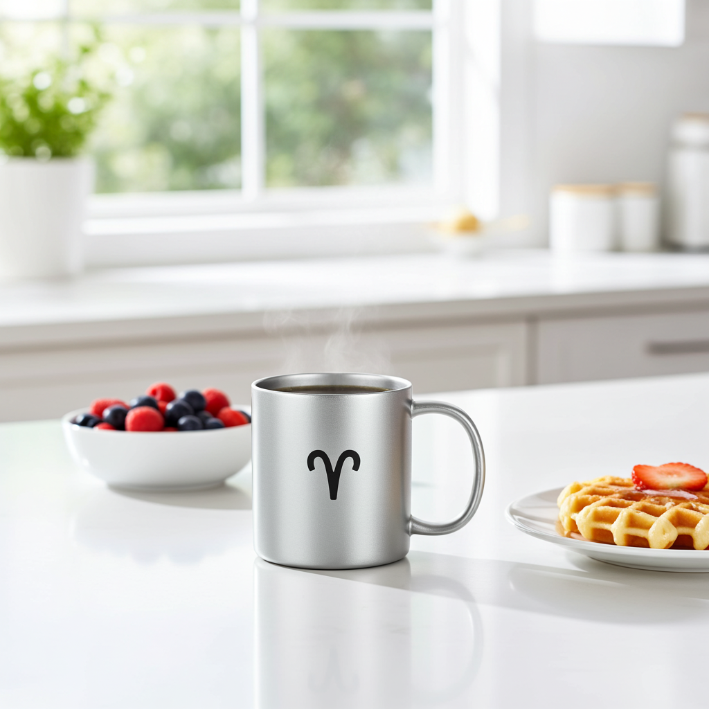 A stainless steel mug with a black Aries ram symbol on the front, filled with coffee and placed on a white kitchen counter next to a bowl of berries and a plate of waffles.