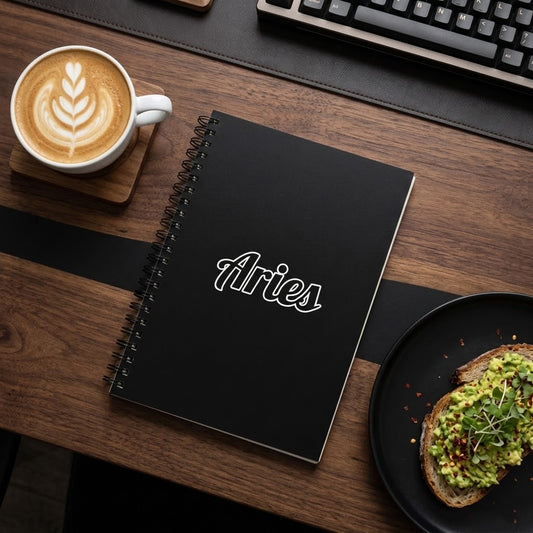 A black spiral-bound notebook with the word 'Aries' in white script on the cover, placed on a wooden desk next to a cup of latte, a keyboard, and an avocado toast on a plate.