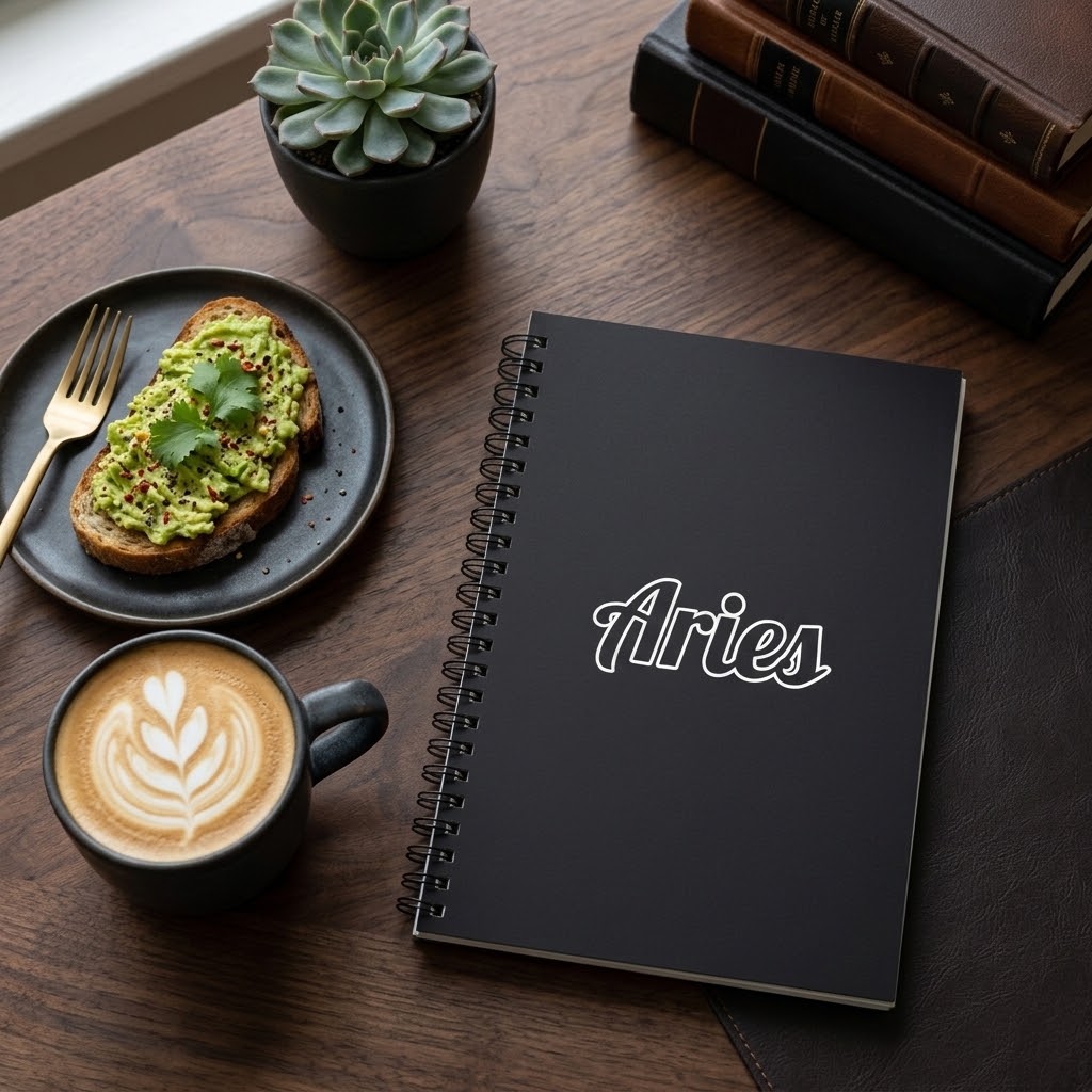 A black spiral-bound notebook with the word 'Aries' in white script on the cover, styled on a wooden desk with a cup of latte, avocado toast, books, and a small succulent.
