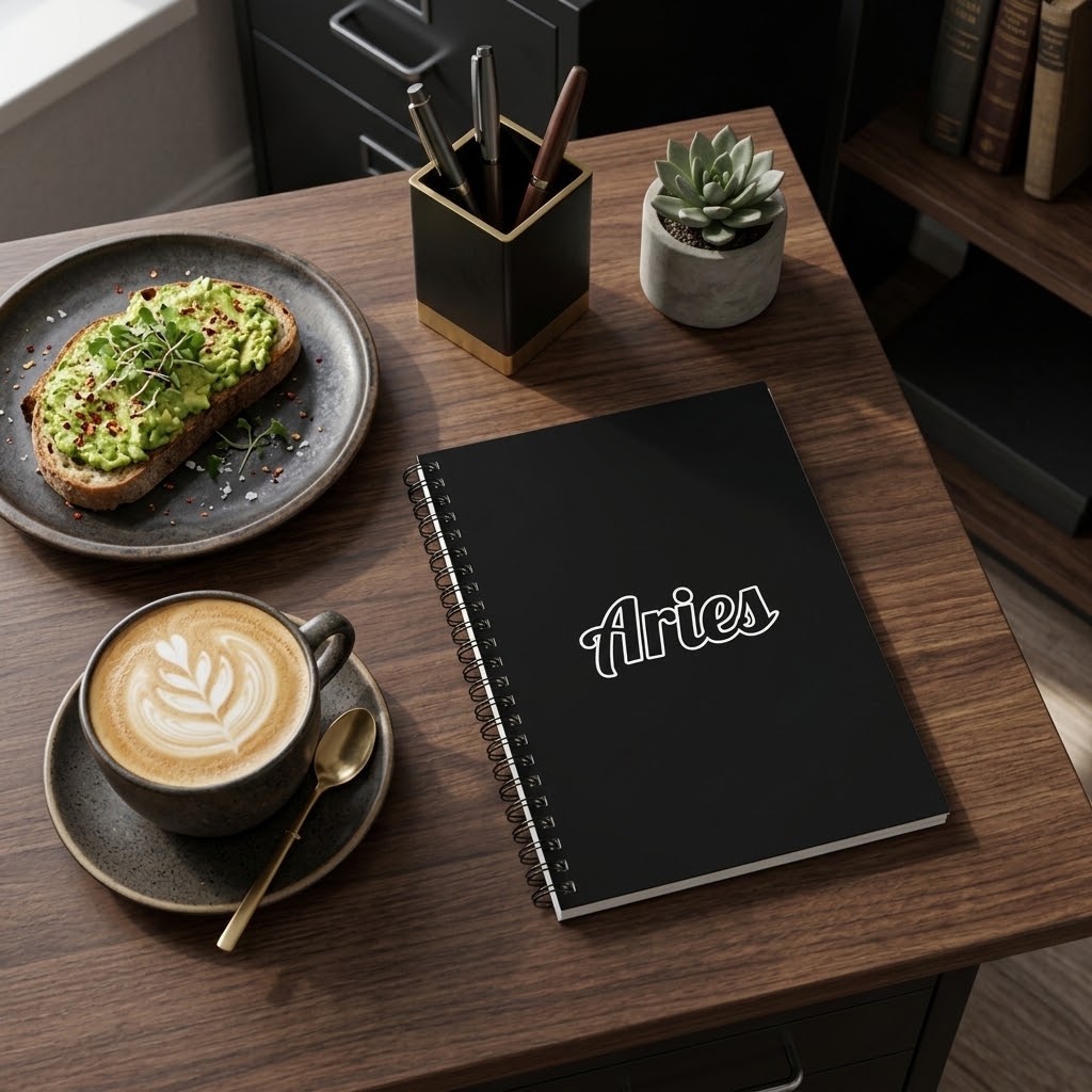 A black spiral notebook with the word 'Aries' in white script on the cover, styled on a wooden desk next to a plate of avocado toast, a cup of latte, a pen holder, and a small succulent.
