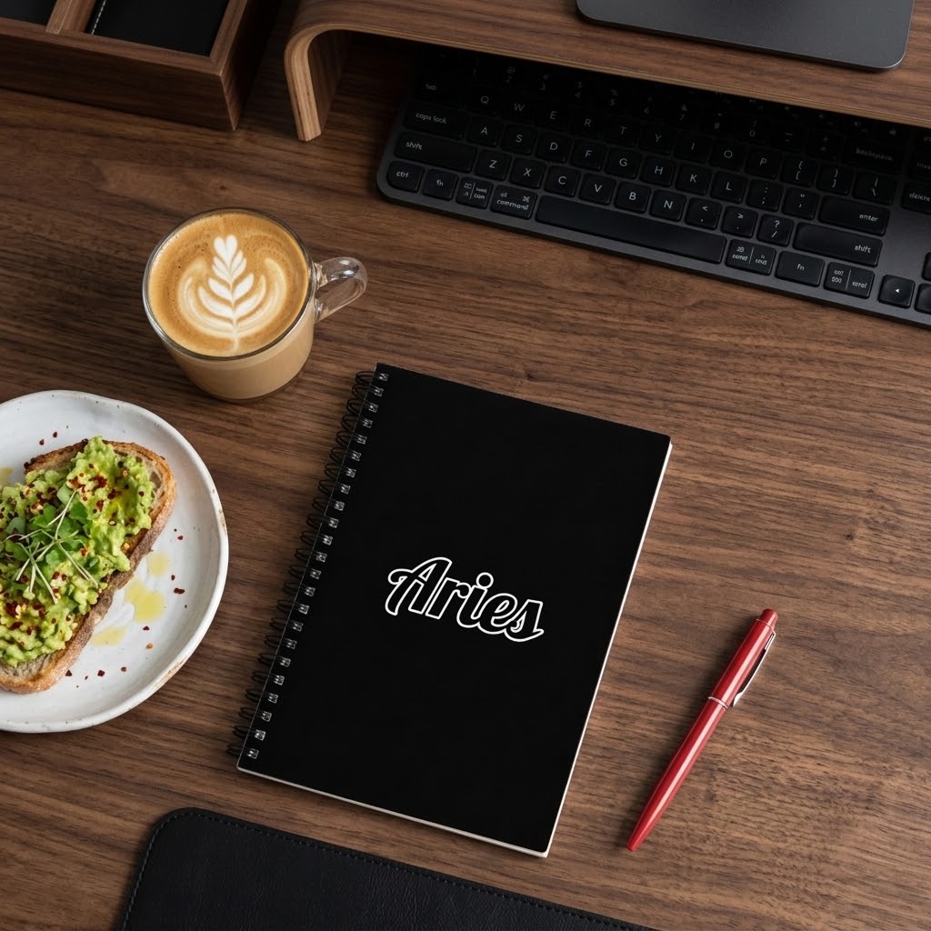 A black spiral notebook with the word 'Aries' in white script on the cover, styled on a wooden desk next to a cup of latte, avocado toast, and a red pen.