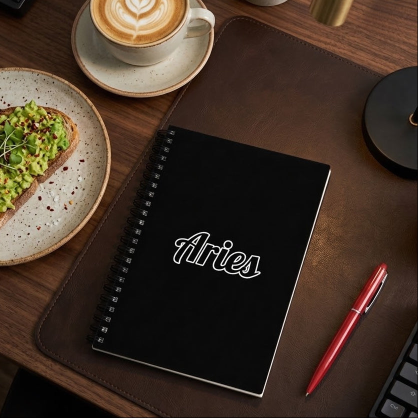 A black spiral-bound notebook with the word 'Aries' in white script on the cover, placed on a brown leather desk pad on a wooden desk. The scene is styled with a cup of latte, avocado toast, a red pen, a keyboard, and small potted succulents.