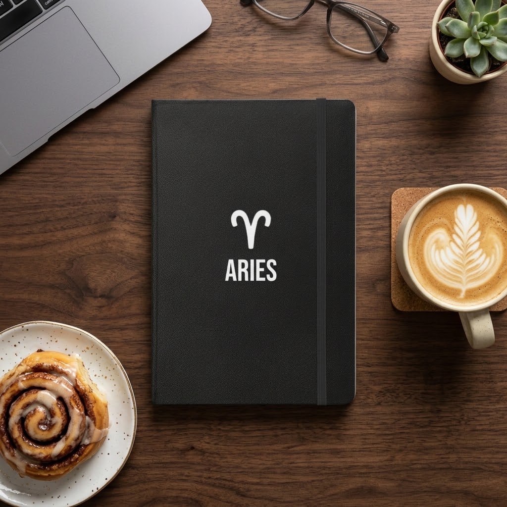 A black hardcover notebook with a white Aries zodiac symbol and the word 'ARIES' on the front, placed on a wooden desk in a styled flat-lay scene with a laptop corner, eyeglasses, a small succulent, a cinnamon roll, and a cup of latte.