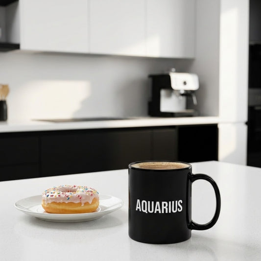 A black ceramic mug with the word 'AQUARIUS' printed in white capital letters sits on a white plate with a glazed donut in a modern kitchen setting.