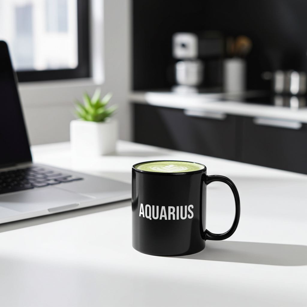 Black mug with 'Aquarius' on a desk with a laptop and plant