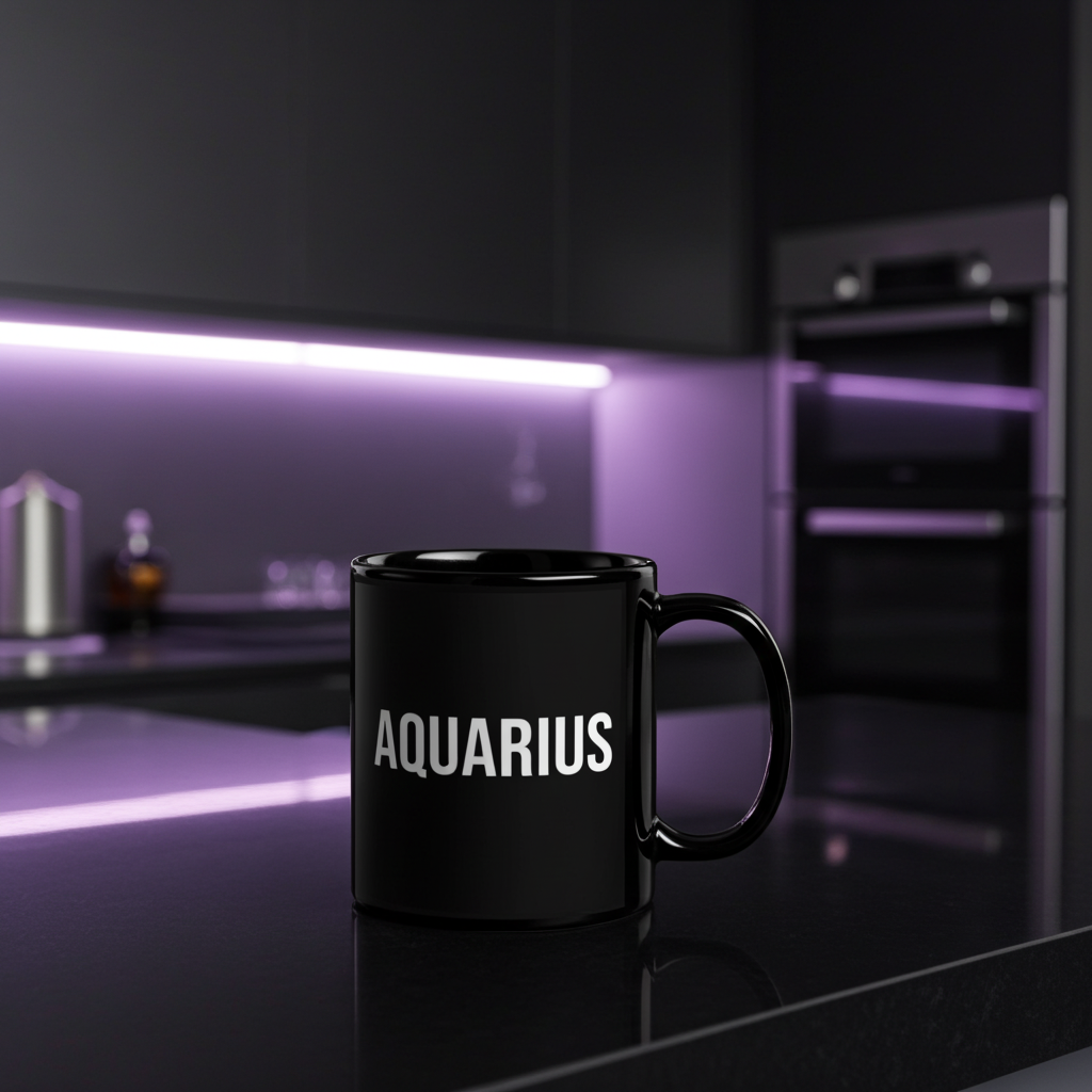 Black mug with 'Aquarius' text on a kitchen counter