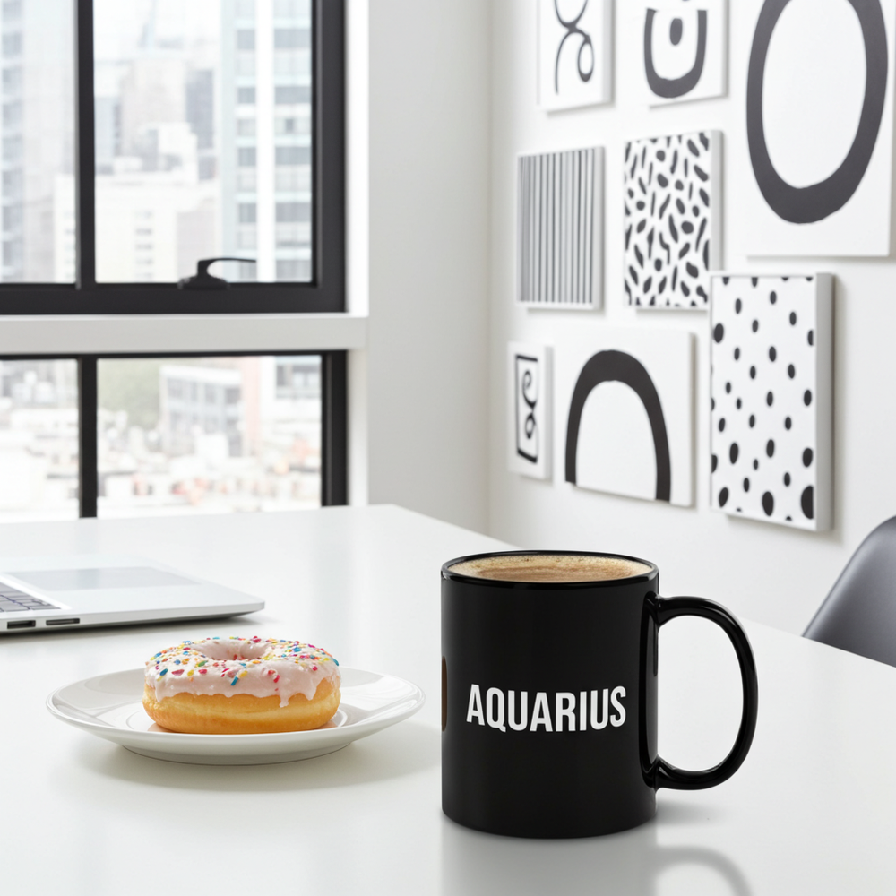 Black mug with 'Aquarius' printed on it next to a donut on a desk with a cityscape view.