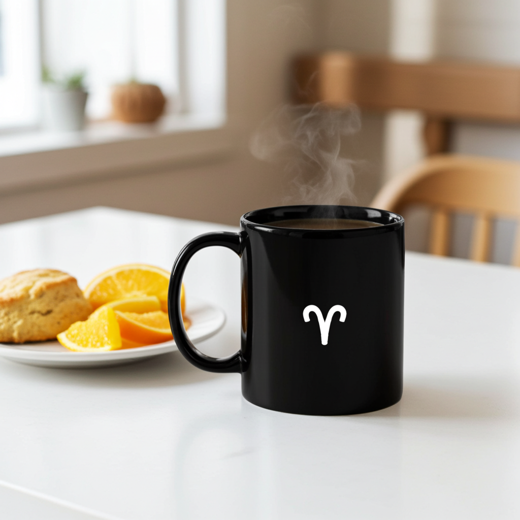 Black mug with a white Aries symbol on a table with breakfast items