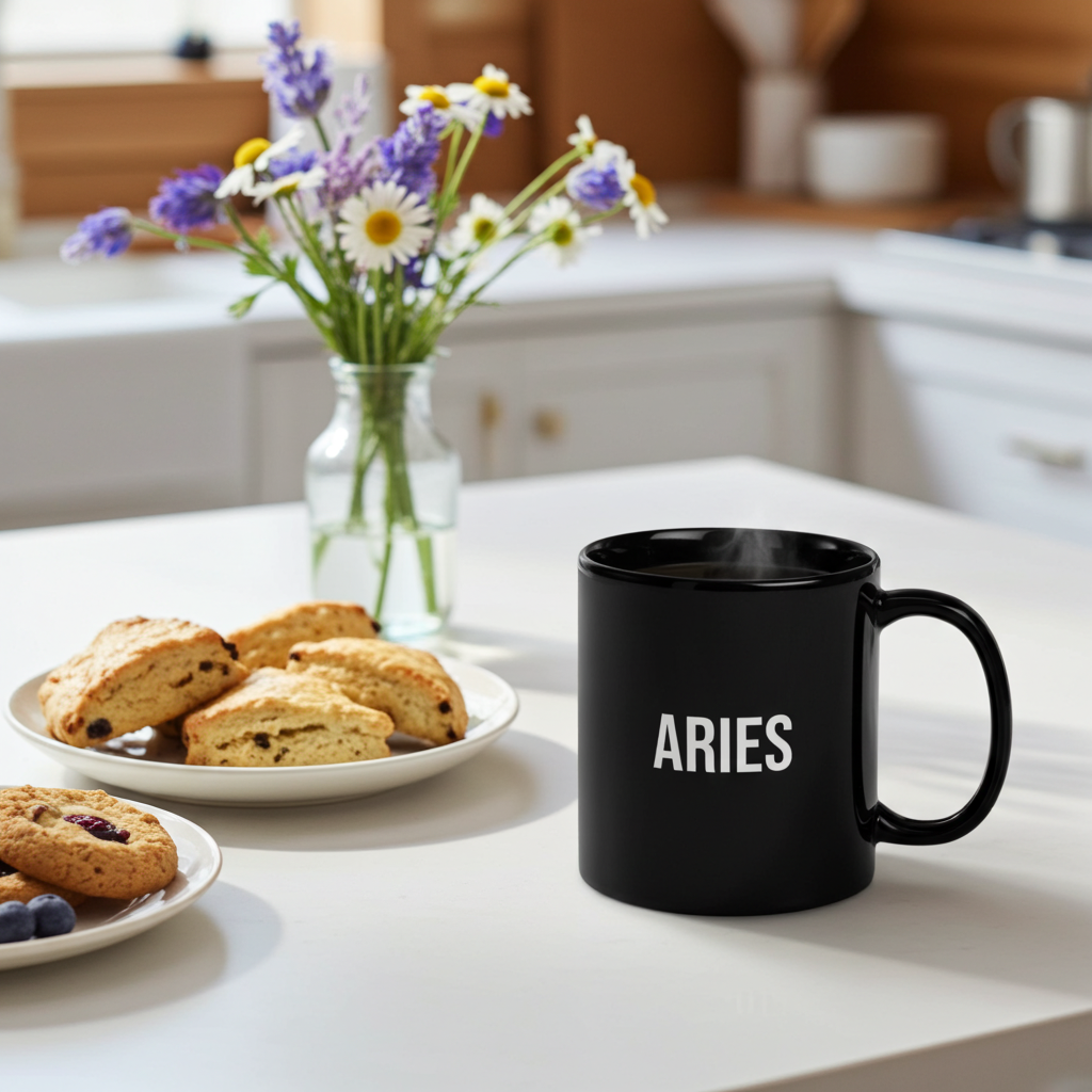 Black mug with 'ARIES' printed on it, placed on a kitchen counter with cookies and flowers.
