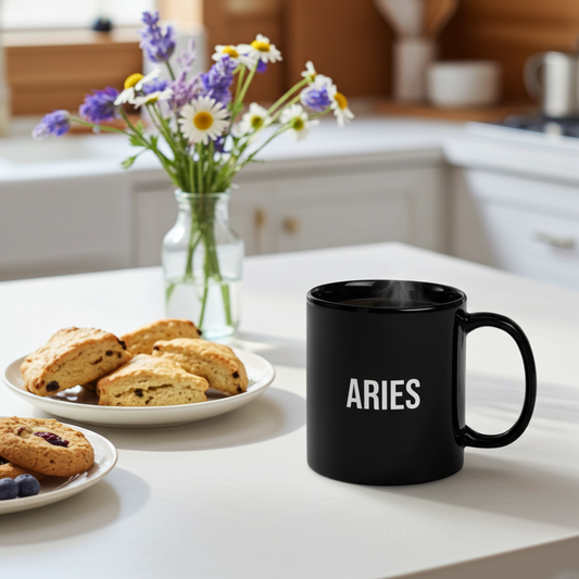 Black mug with 'ARIES' printed on it, placed on a kitchen counter with cookies and flowers.