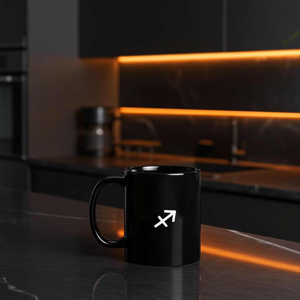 Black mug with a white Sagittarius symbol on a dark kitchen counter