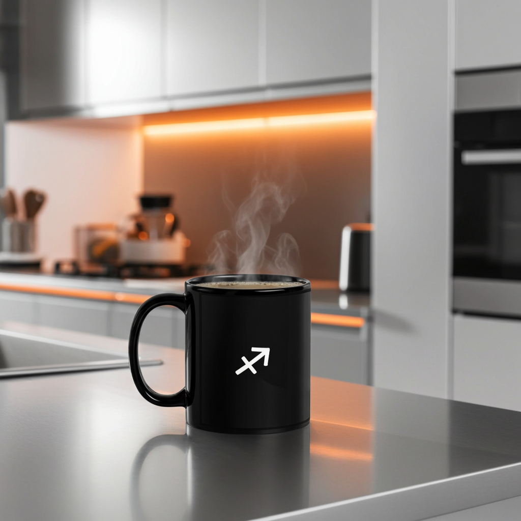Black mug with a white Sagittarius symbol on a kitchen counter