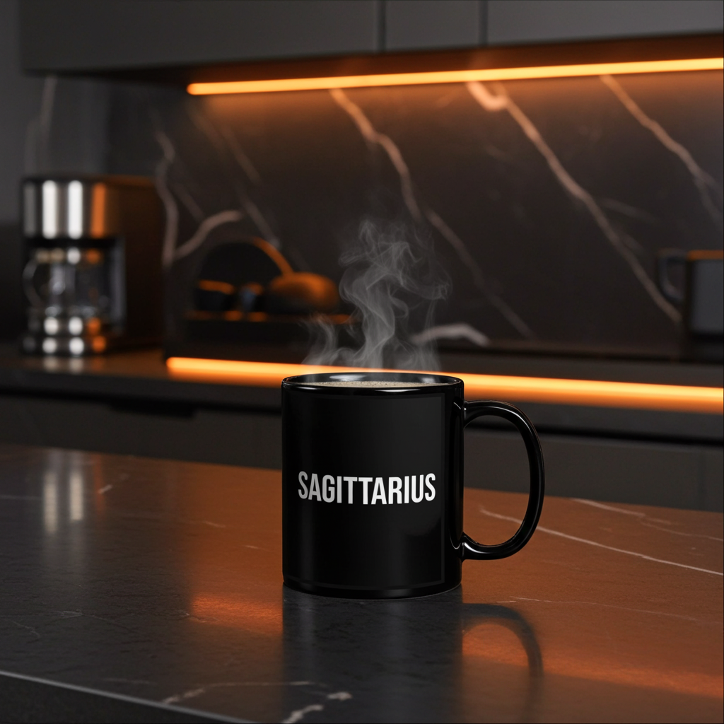 Black mug labeled 'Sagittarius' with steam on a kitchen counter