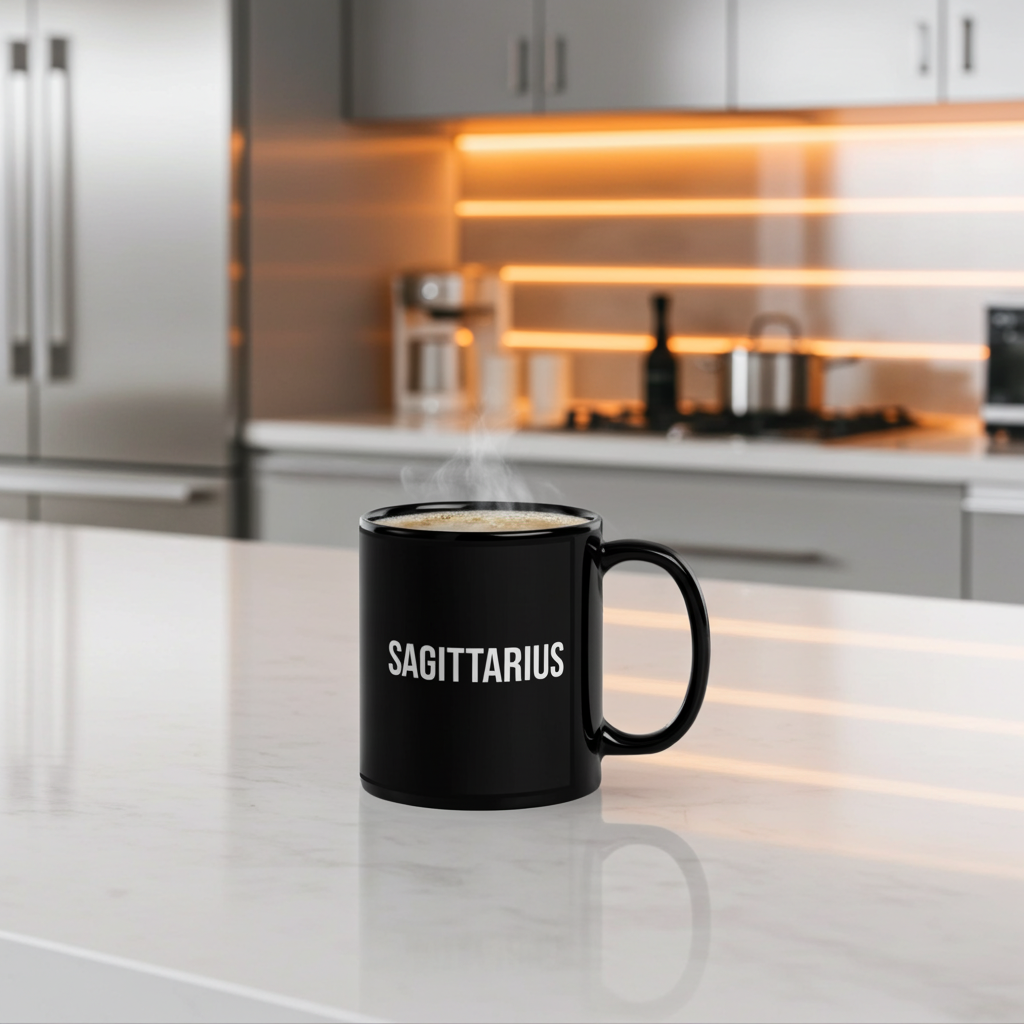 Black mug with 'SAGITTARIUS' on a kitchen counter