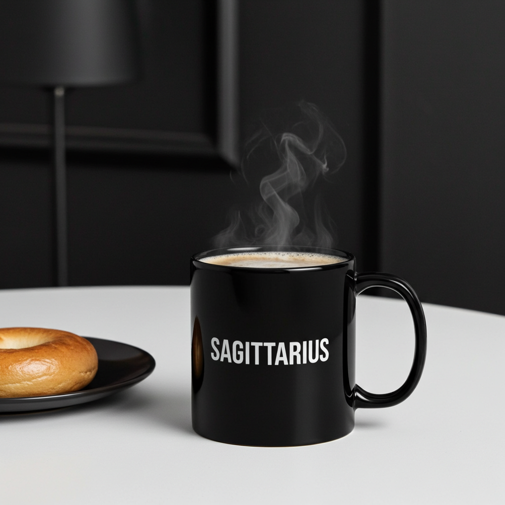 Black mug with 'SAGITTARIUS' text, steaming coffee, and a bagel on a white surface.