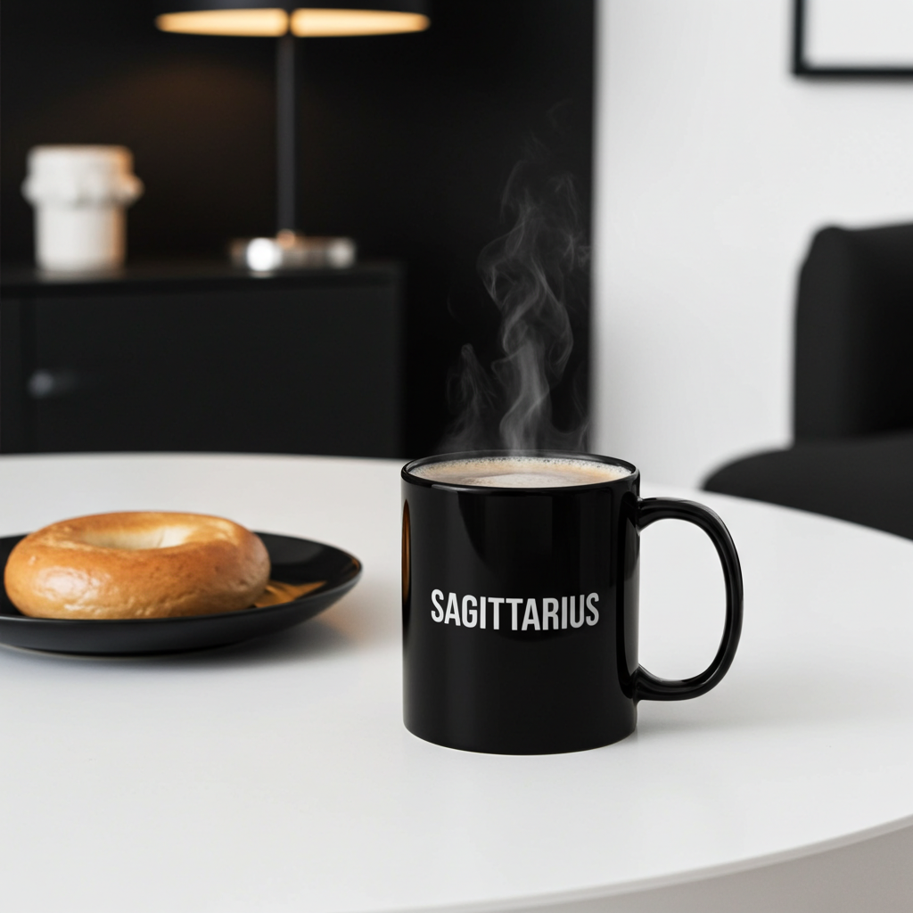 Black mug with 'SAGITTARIUS' text on a white table with a bagel.