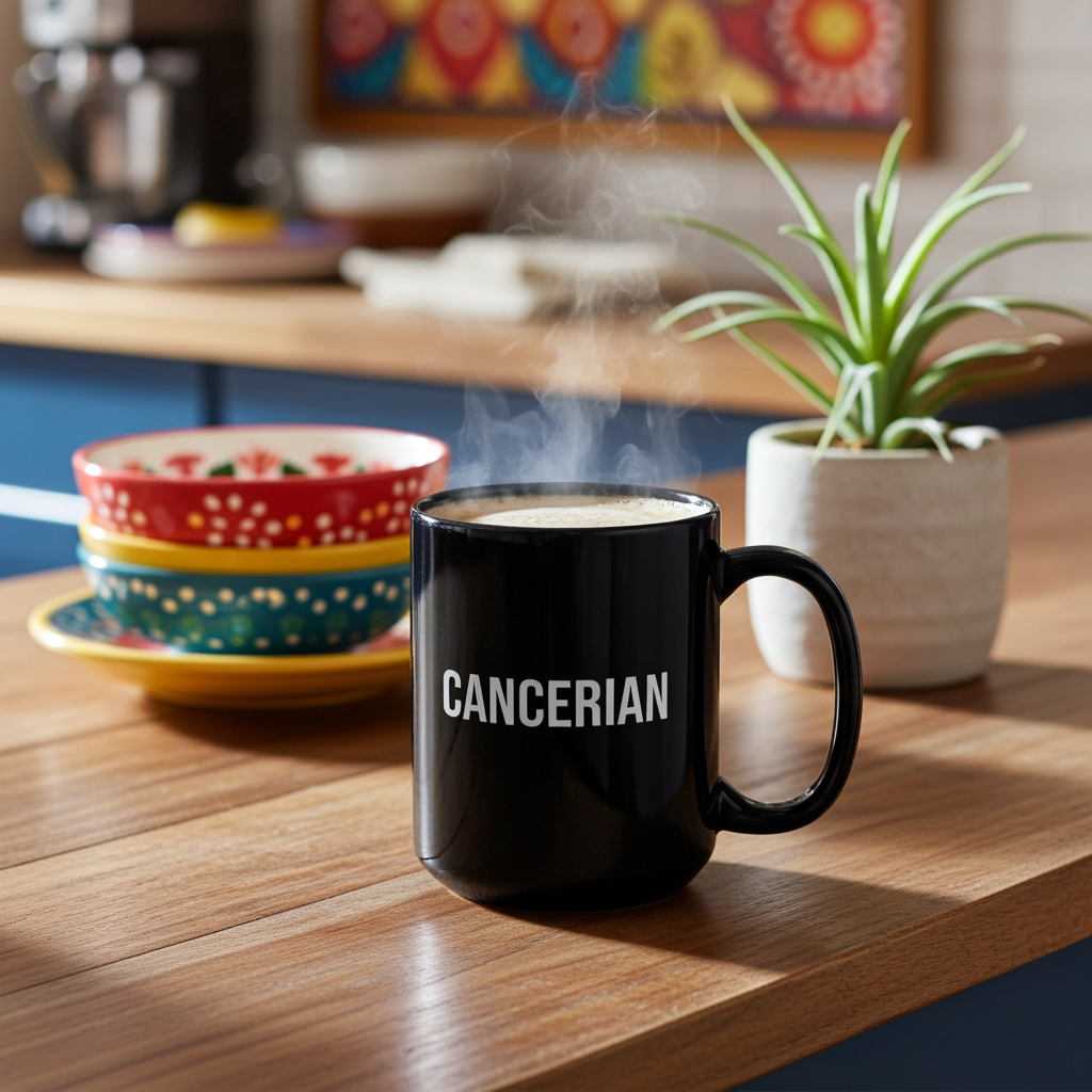 Black mug labeled 'CANCERIAN' on a wooden table with steam, bowls, and a plant in the background.