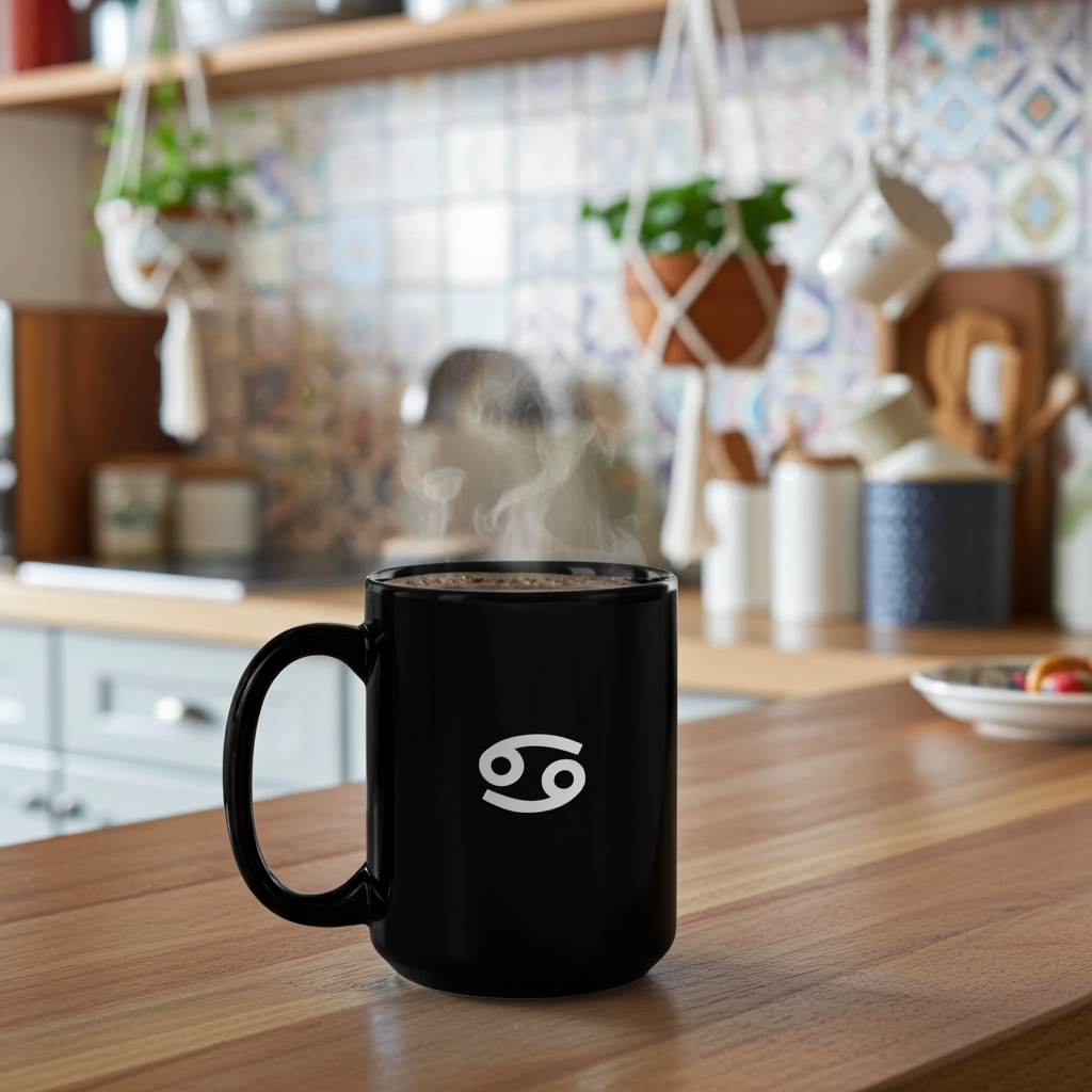 Black mug with a Cancerian logo on a wooden table in a kitchen