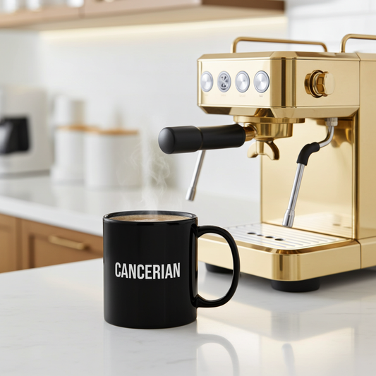 Gold espresso machine with a black mug labeled 'Cancerian' on a kitchen counter.