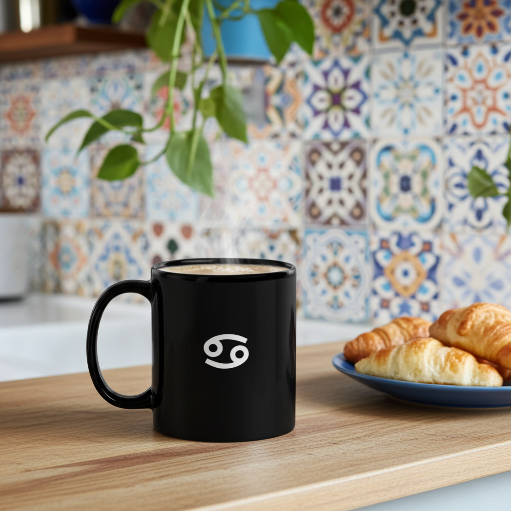 Black mug labeled 'Cancerian' on a kitchen counter.