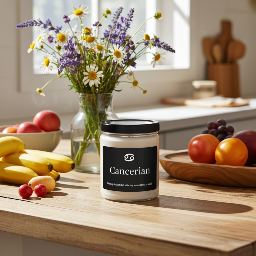 Candle labeled 'Cancerian' on a kitchen counter with fruits and flowers.