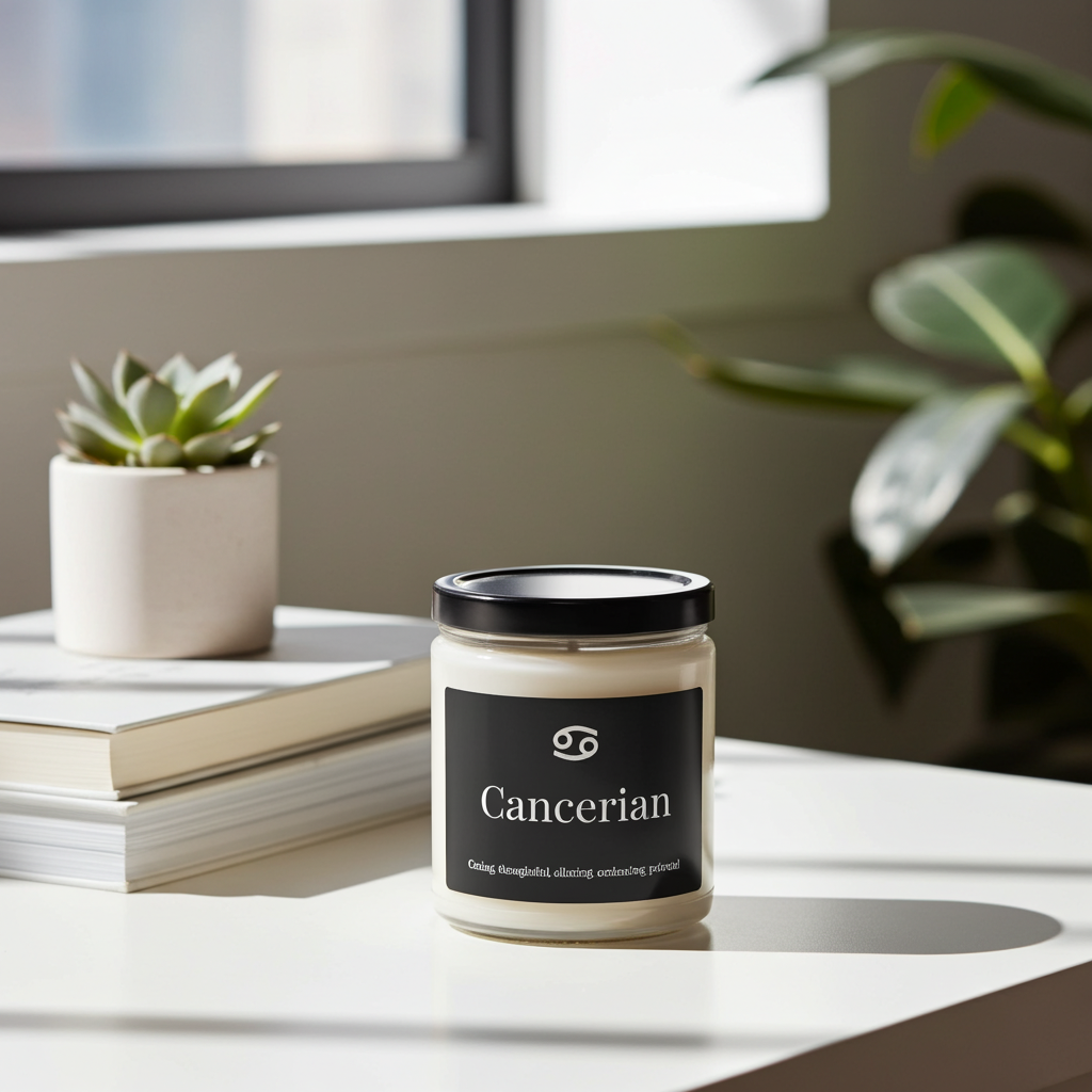 Candle labeled 'Cancerian' on a table with books and plants in the background