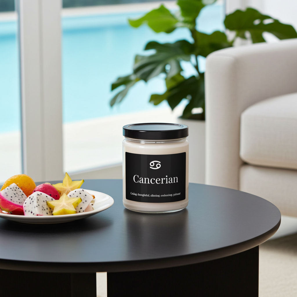 A glass jar candle labeled 'Cancerian' sits on a round black table in a bright living room setting, with a plate of fruit and a white chair visible in the background.