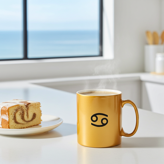 Gold mug with a cancerian symbol on a kitchen counter with a cake and window view.