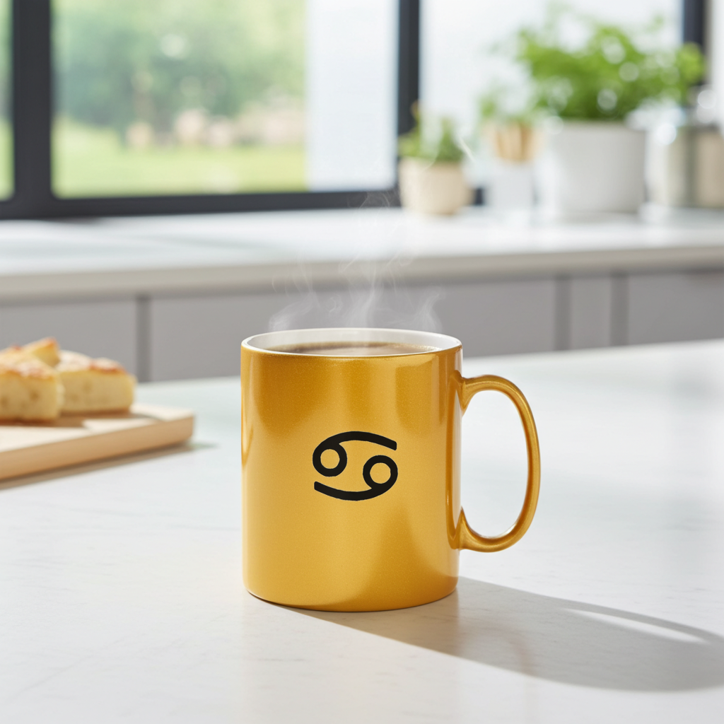 Gold mug with a Cancer symbol on a white surface, steam rising, with a blurred window and plants in the background.