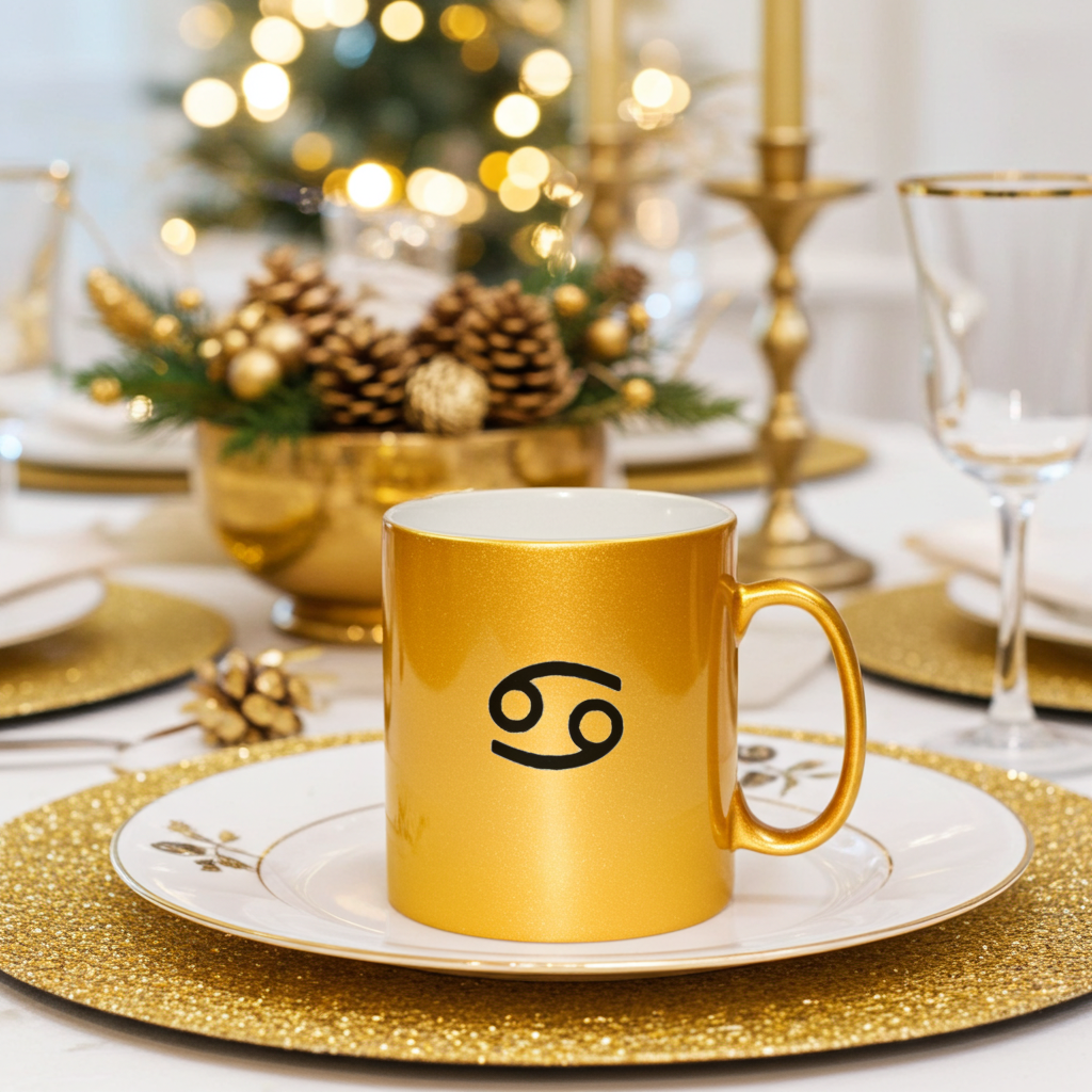 Gold mug with a Cancerian zodiac symbol on a festive table setting with candles and decorations.