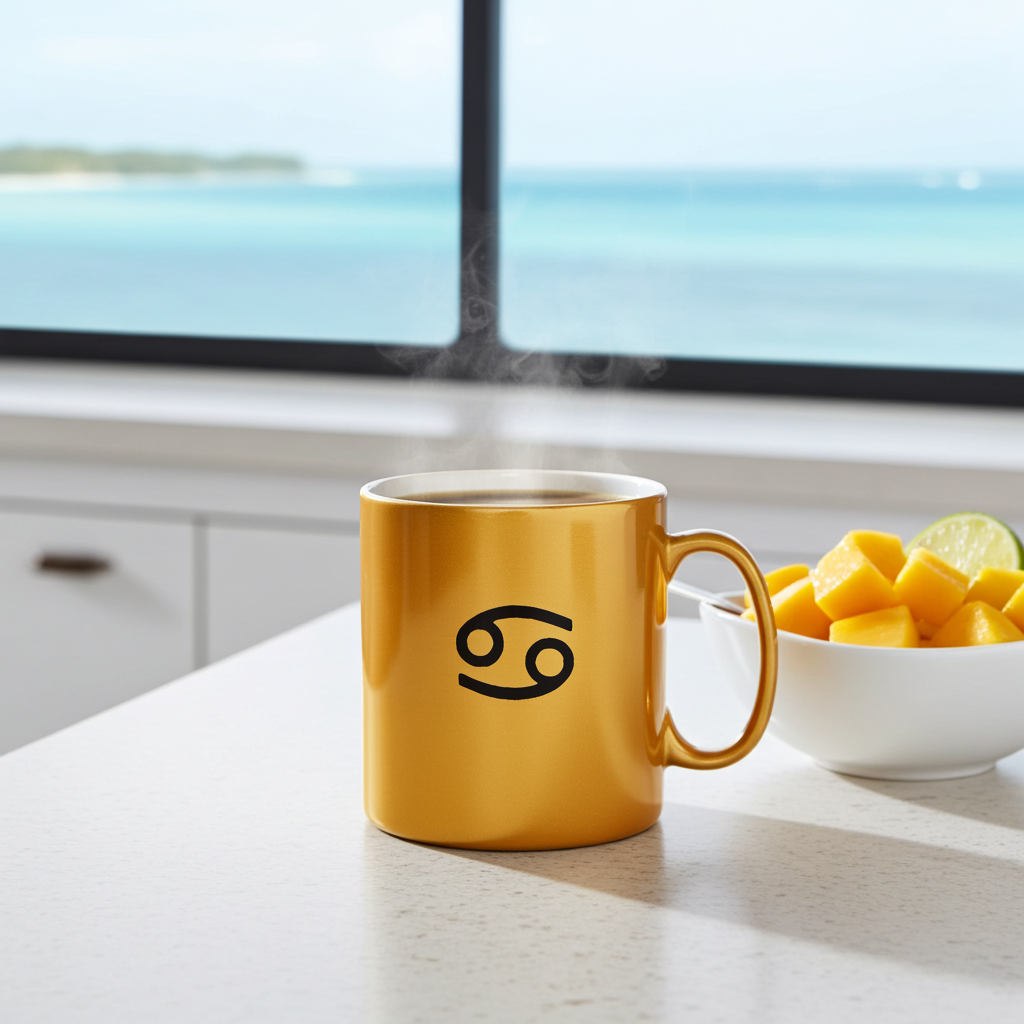A metallic gold ceramic mug with a black Cancer zodiac symbol printed on the front, sitting on a kitchen counter with a bowl of fresh mangoes and a window showing an ocean view in the background.