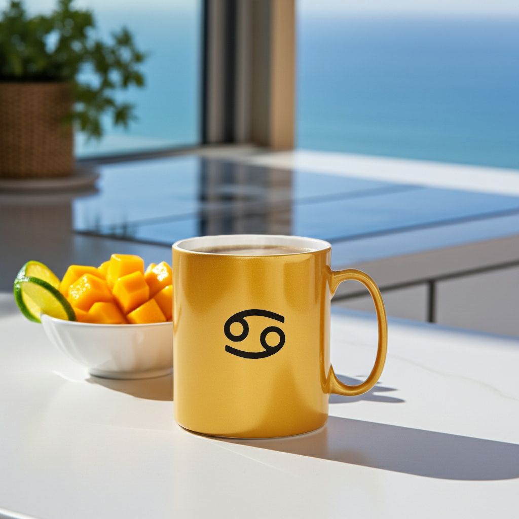 A gold ceramic mug with a black Cancerian zodiac symbol printed on the side, sitting on a white table next to a bowl of fruit. The background shows a bright window looking out onto a sunny blue ocean view.
