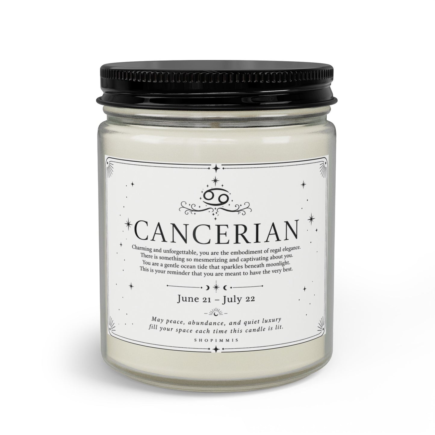 Candle jar labeled 'Cancerian' with a black lid on a white background