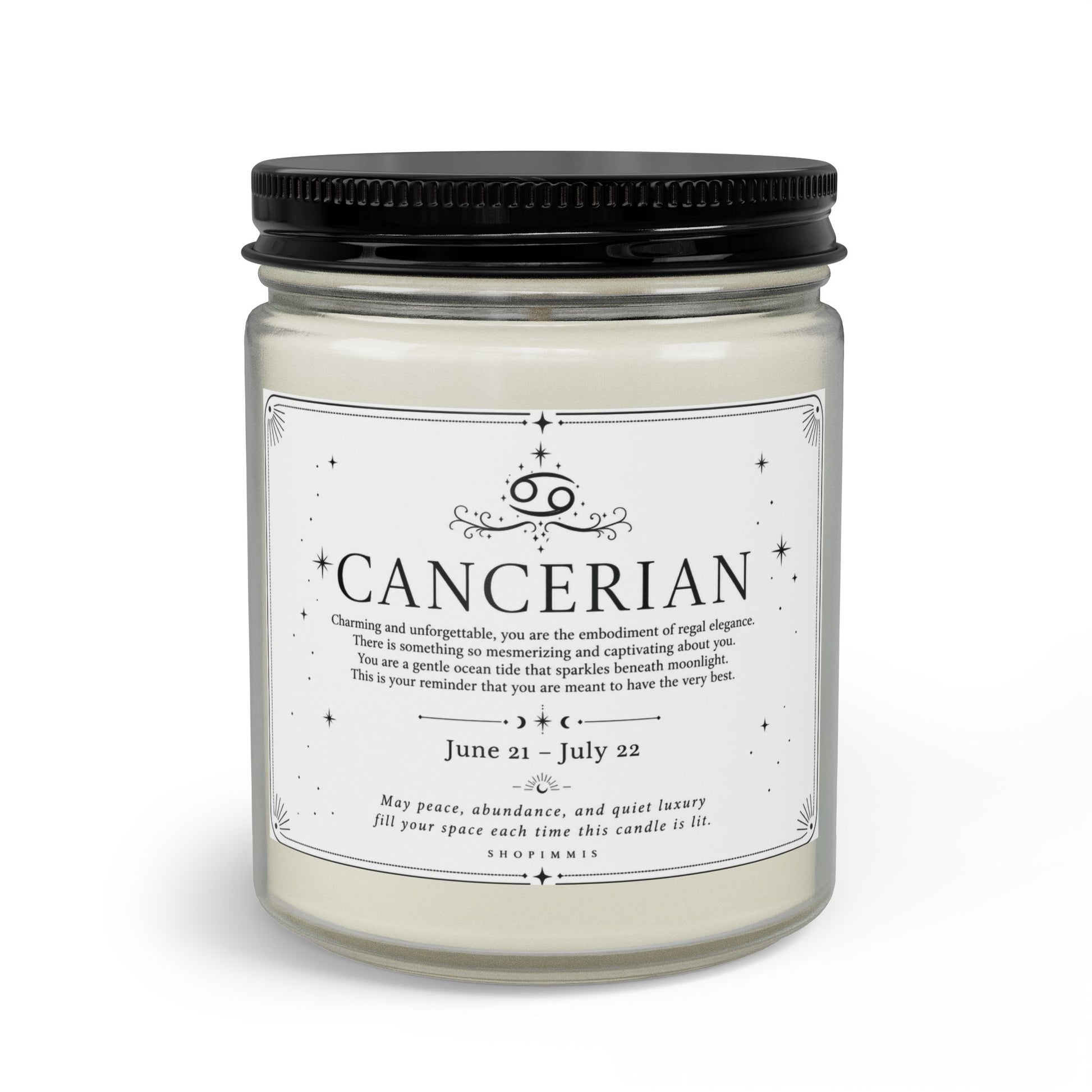 Candle jar labeled 'Cancerian' with a black lid on a white background