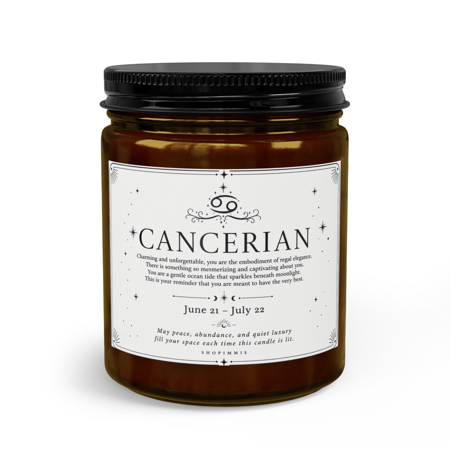 Candle jar with a label indicating 'Cancerian' on a white background