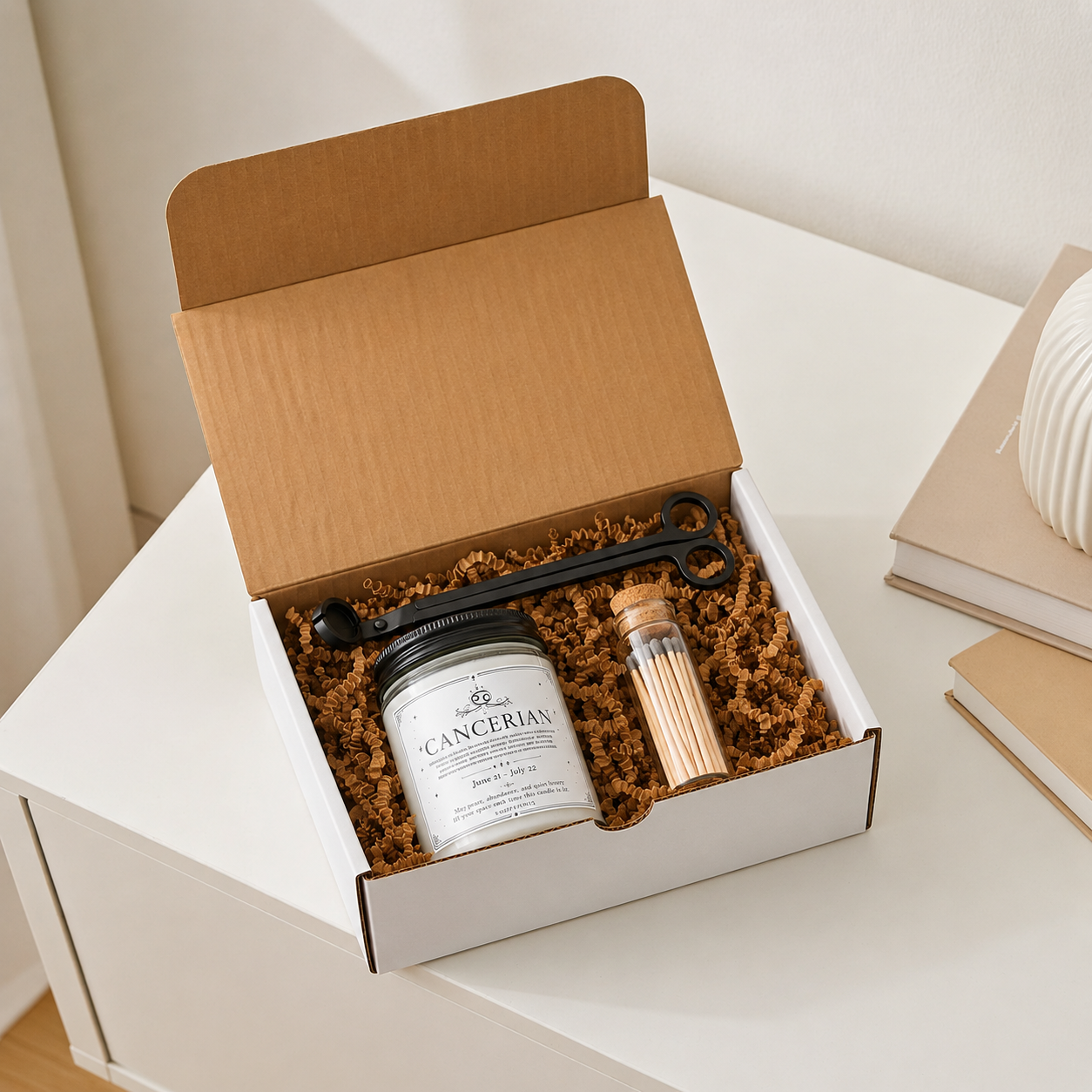 Open gift box with 'Cancerian' candle on a white dresser