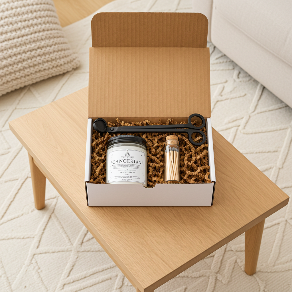 Open gift box on a wooden table with a cancerian candle and other items inside, on a textured white surface.