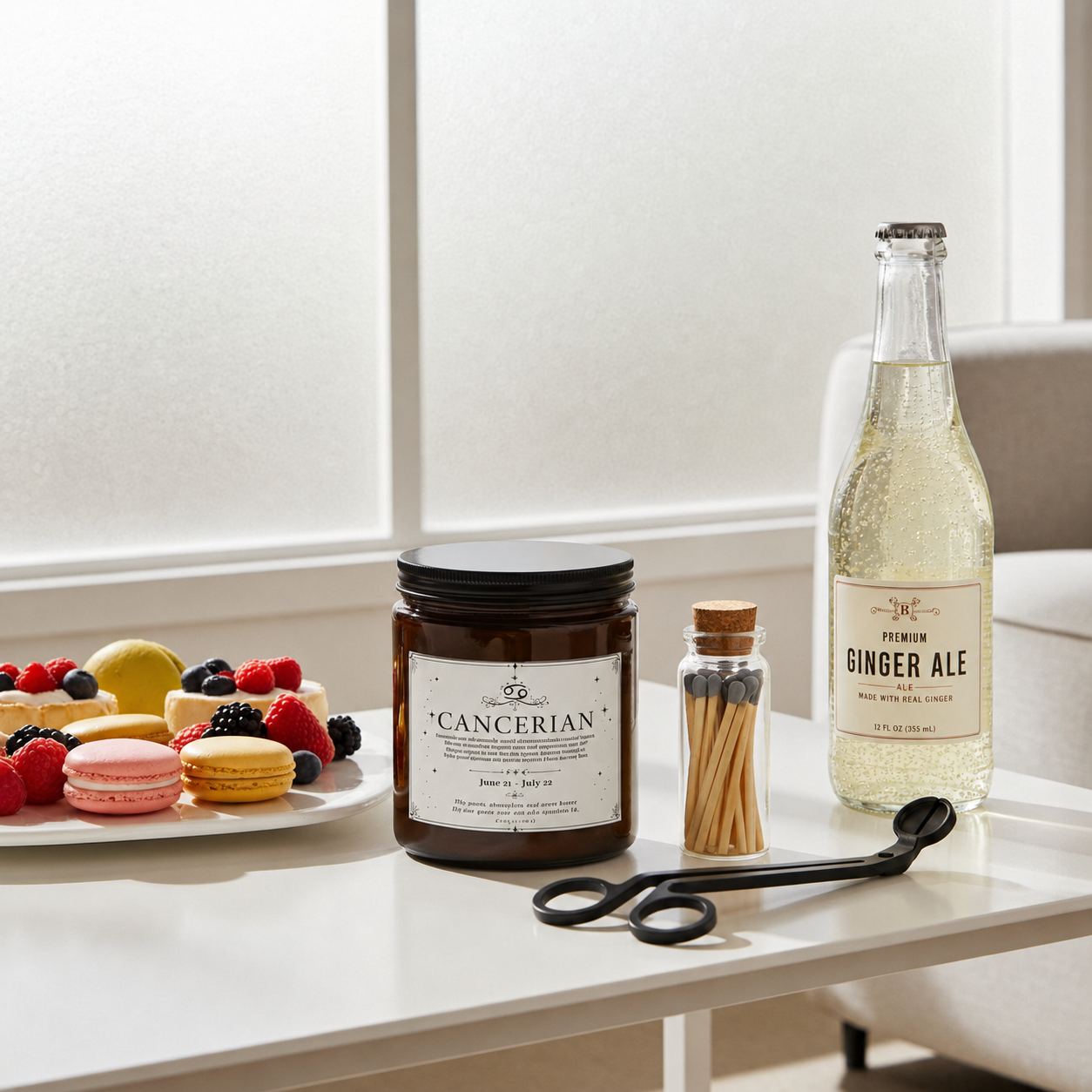 Candle labeled 'Cancerian' next to a bottle of ginger ale on a table with snacks in the background.