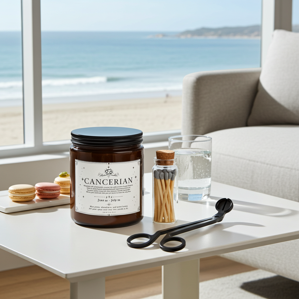 Candle labeled 'Cancerian' on a table with a scenic beach view.