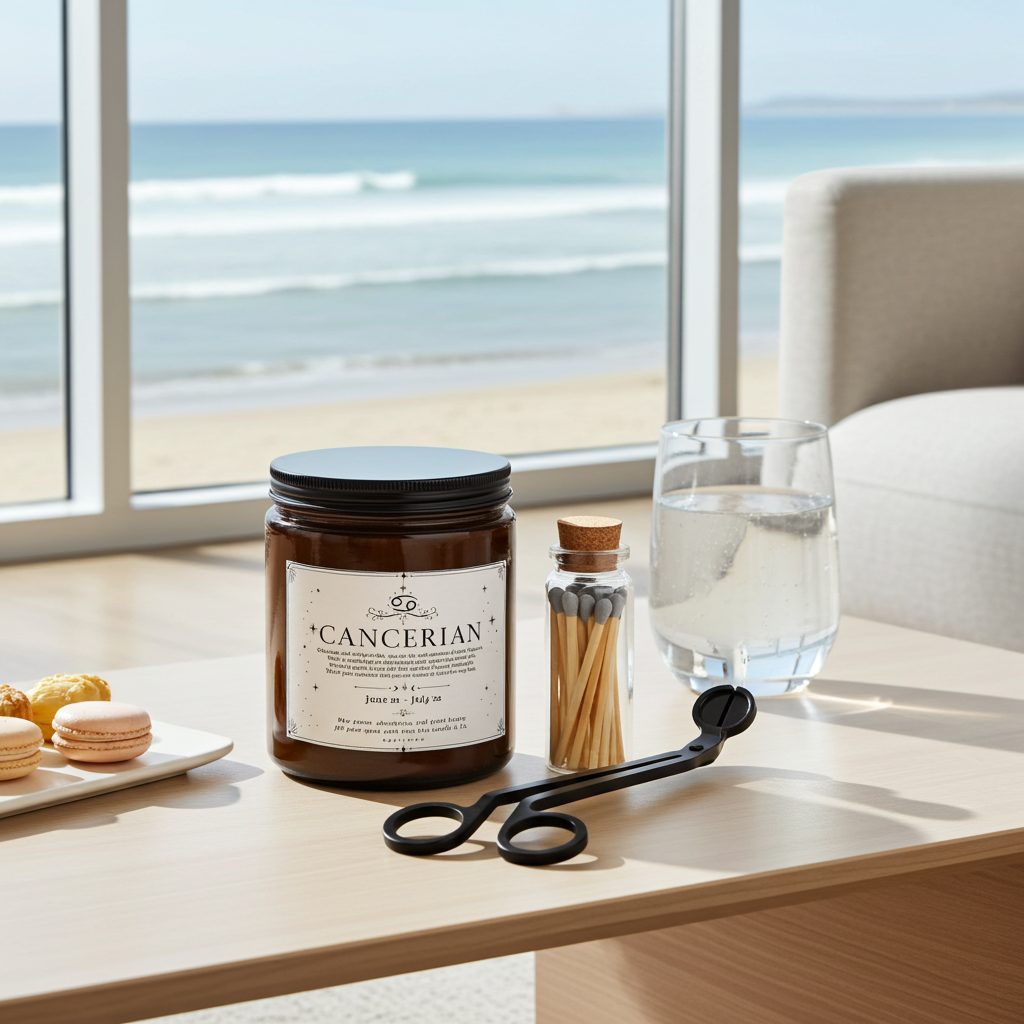 Candle labeled 'Cancerian' on a table with a scenic ocean view.