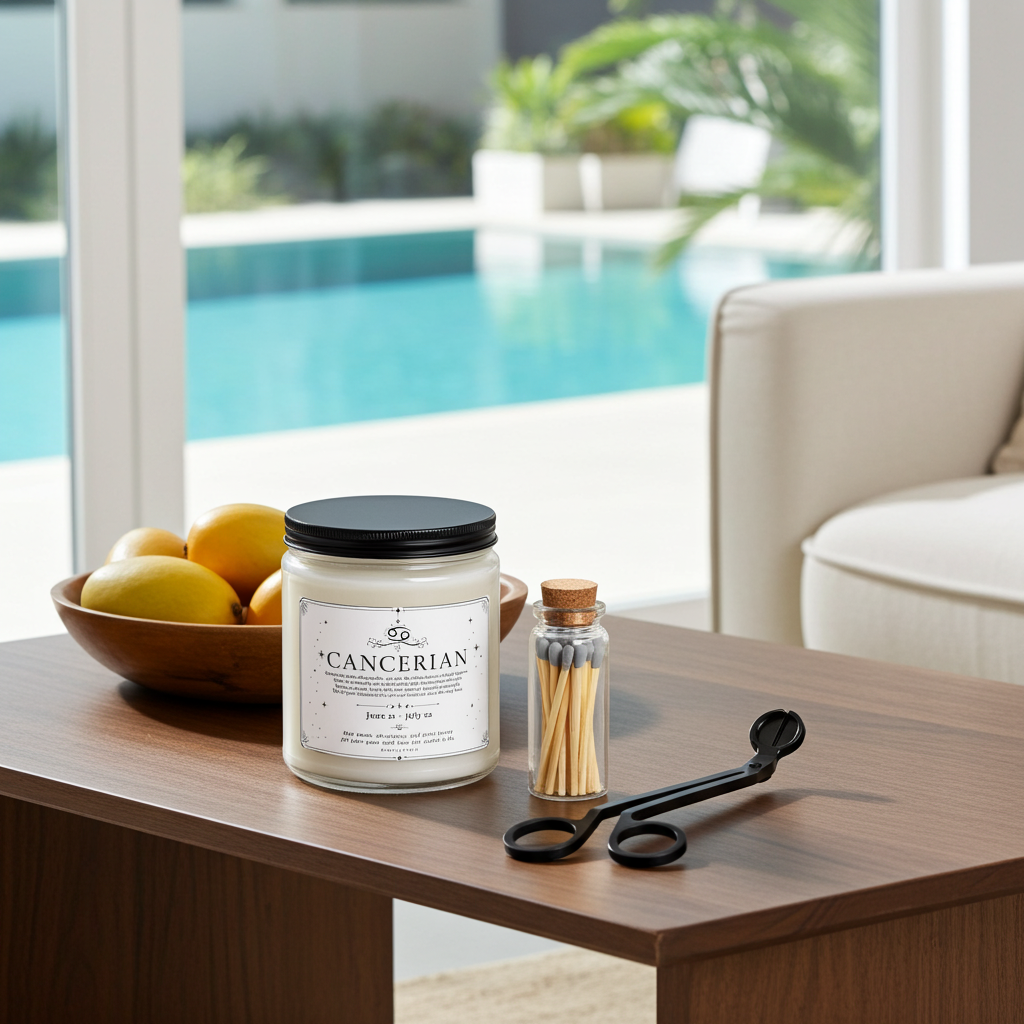 A scented candle jar labeled 'CANCERIAN' sits on a wooden table in a modern living space with a pool view in the background. The candle is styled with a small bottle of matches, a black spoon, and a bowl of lemons.