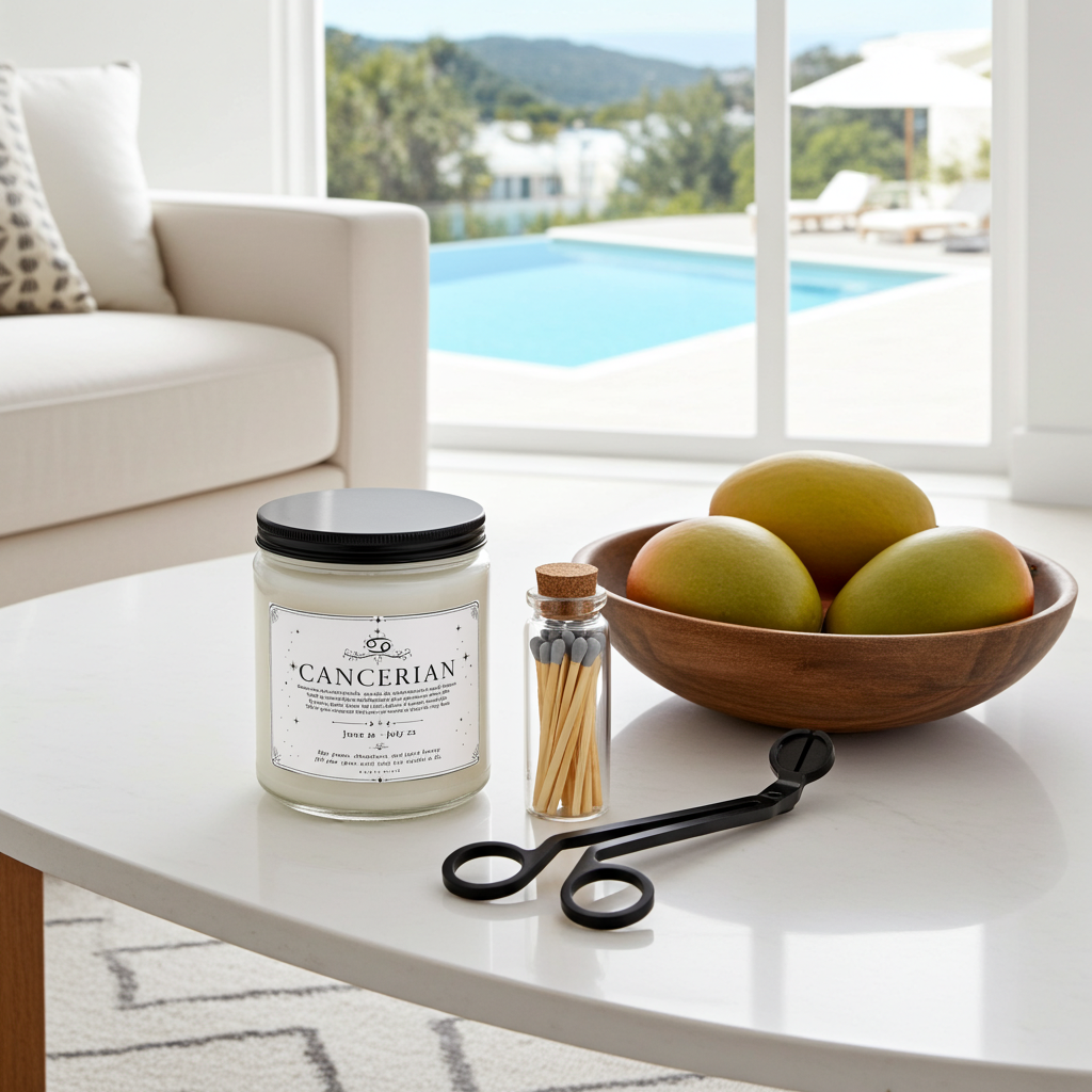 A candle jar labeled 'CANCERIAN' sits on a white table in a bright living space, with a bowl of green mangoes, a small match bottle, and black tongs nearby. Large windows show a pool and mountains in the background.