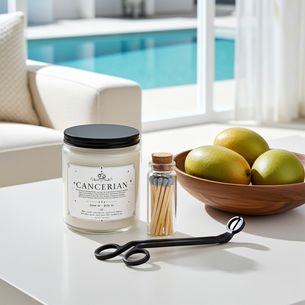 A candle jar labeled 'CANCERIAN' sits on a white table beside a small match bottle, black tongs, and a wooden bowl of green fruit, with a bright living room and pool visible in the background.
