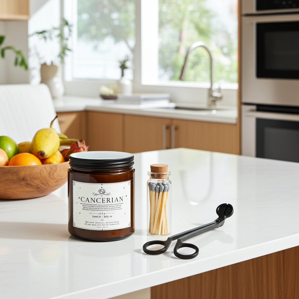 A styled kitchen scene showing a dark amber glass jar candle labeled 'CANCERIAN' on a white countertop, alongside a small glass bottle of wooden matches and black tongs, with a blurred kitchen background.