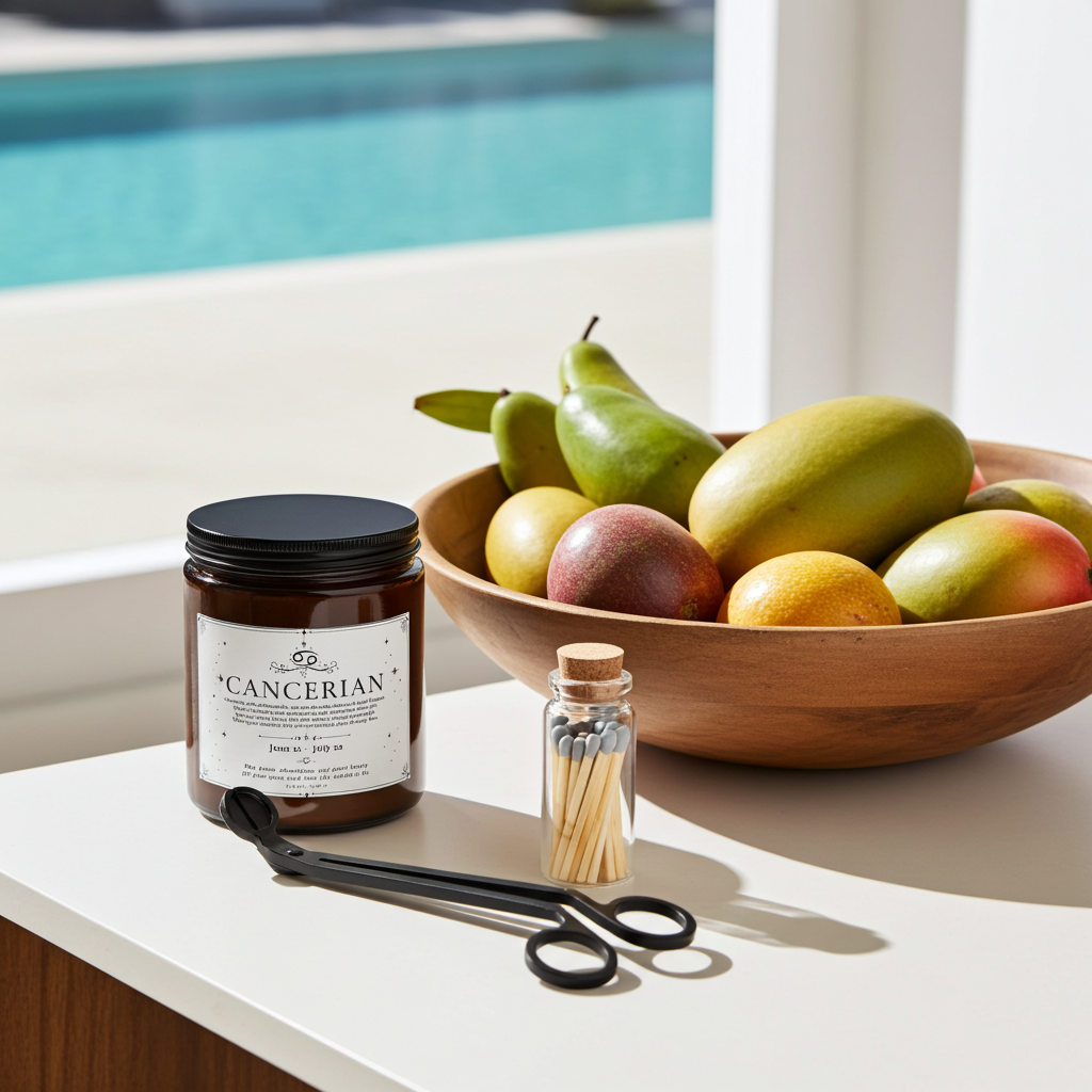 A candle jar labeled 'CANCERIAN' sits on a white countertop beside a wooden bowl of fruit, a small bottle of matchsticks, and black tongs, with a bright window and pool visible in the background.