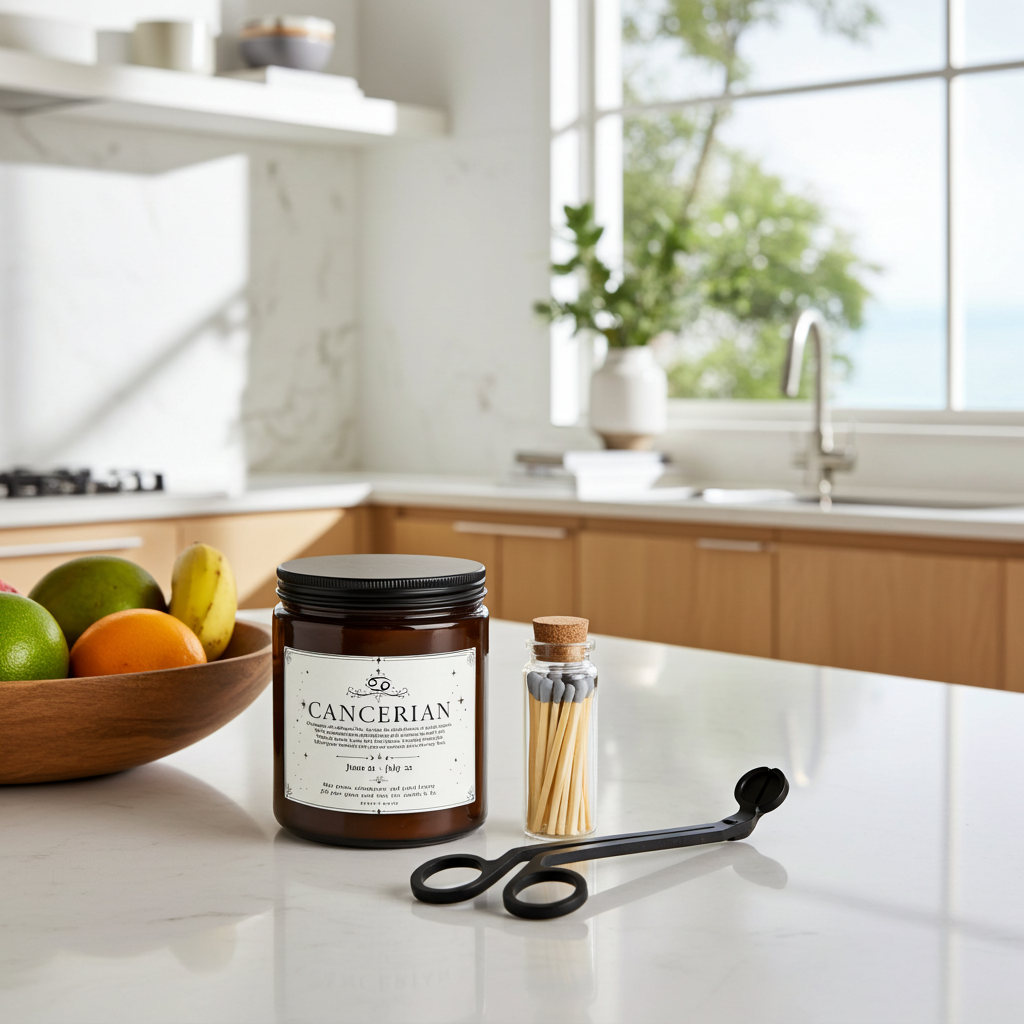 A candle jar labeled 'CANCERIAN' sits on a white kitchen countertop, alongside a small match container and black tongs, with a blurred kitchen interior and fruit bowl in the background.